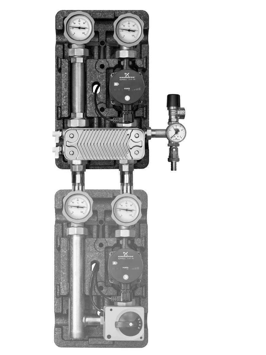 Meibes Насосная группа UK с раздельным теплообменником и насосом Grundfos  UPS25-60, т/о 36 пл. купить с доставкой по выгодной цене