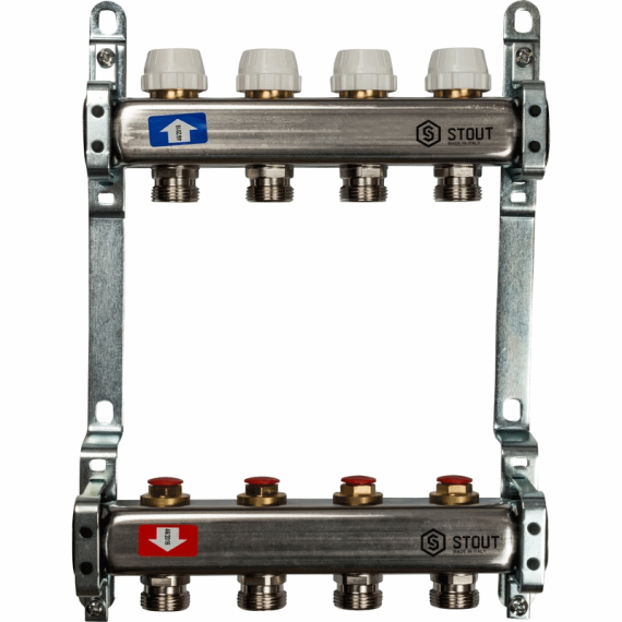STOUT Коллектор из нержавеющей стали с запорными клапанами 1"/3/4"x4вых. - изображение | Океан тепла